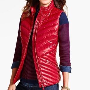TALBOTS candy apple red quilted red shiny puffer vest chevron warm down sz M EUC